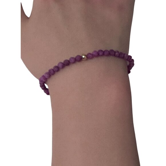 Ruby Micro Faceted Gemstone Beaded Stretch Bracelet with 14K Gold Accent Bead Ha - Picture 8 of 8